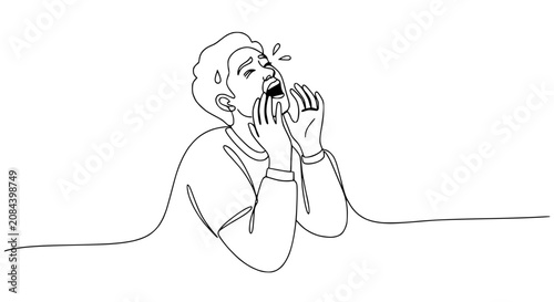 Konstfotografi Man with hands covering mouth, crying out in distress, single line drawing