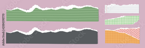 Vector of torn paper strips in various colors and patterns on a pink background.