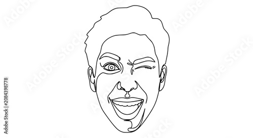 Single line drawing of a happy woman winking and smiling, minimalist art, face portrait