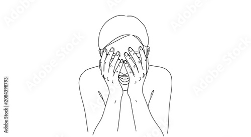 Woman Hiding Face Laughing Joyfully, Line Art Illustration, Expressive Emotion