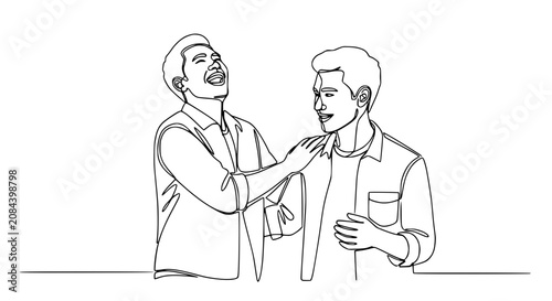 Two men laughing together, one with hand on shoulder, continuous line art, isolated on white