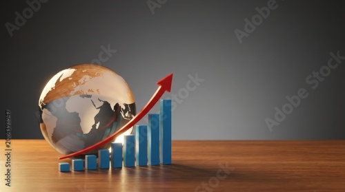 Global Business Growth and Economic Progress Concept Featuring a World Globe and a Rising Blue Bar Chart with a Red Arrow on a Wooden Table Surface