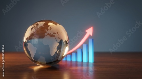 Crystal globe on a wooden surface with a rising blue bar graph and a glowing red upward arrow illustrating global economic growth and market expansion.
