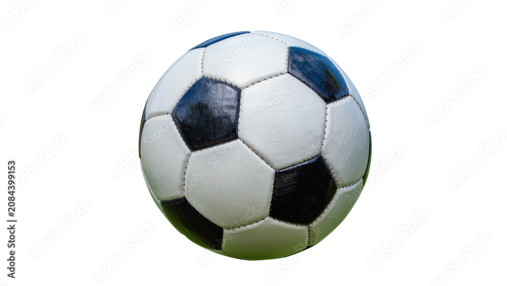 Naklejka premium Isolated classic black and white soccer ball, traditional football equipment for game and sport.