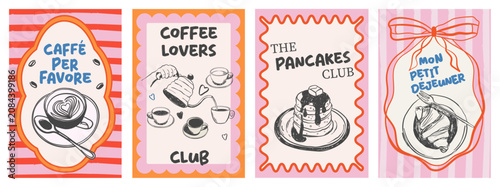 Collection of la dolce vita poster with coffee cup, croissant and pancakes. Whimsical dopamine vector illustration for wall art gallery, invitation, menus in cafe or restaurant branding etc.