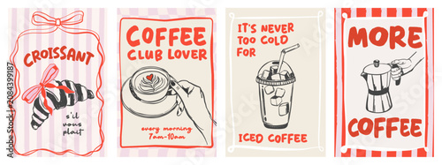 Collection of vintage la dolce vita poster with hand drawn coffee cup, croissant and pancakes. Whimsical dopamine vector for wall art gallery, invitation, menus in cafe or restaurant branding etc.