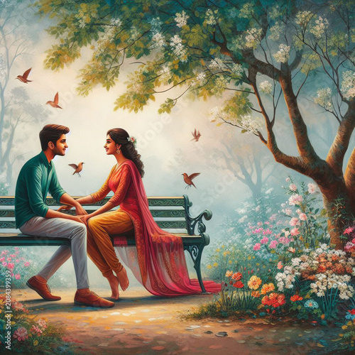 young couple sitting on bench