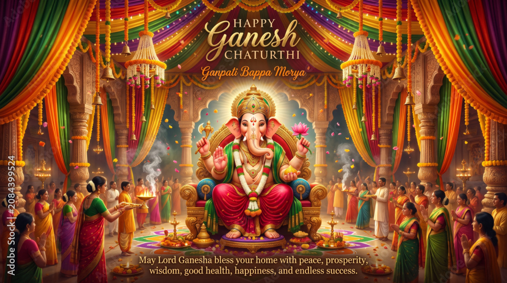 Fototapeta premium Lord Ganesha Seated on Ornate Throne During Temple Celebration with Devotees for Festival Greeting Banner Design