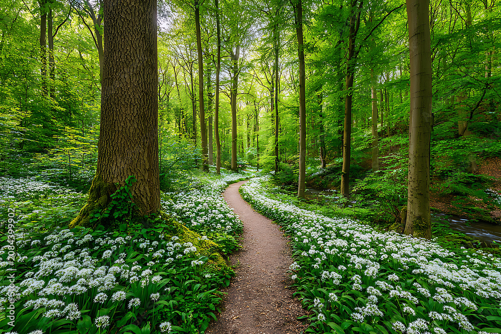 Obraz premium Enchanting Forest Path Lined with Wild Garlic Flowers in Spring.