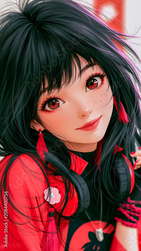 Anime style young woman with black hair and red eyes wearing red outfit