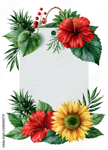 Tropical floral frame with red hibiscus and yellow sunflower on white background