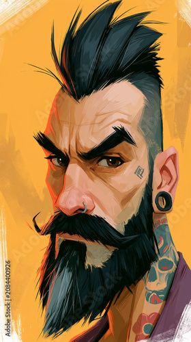 Portrait of man with mohawk hairstyle, beard, and facial tattoos