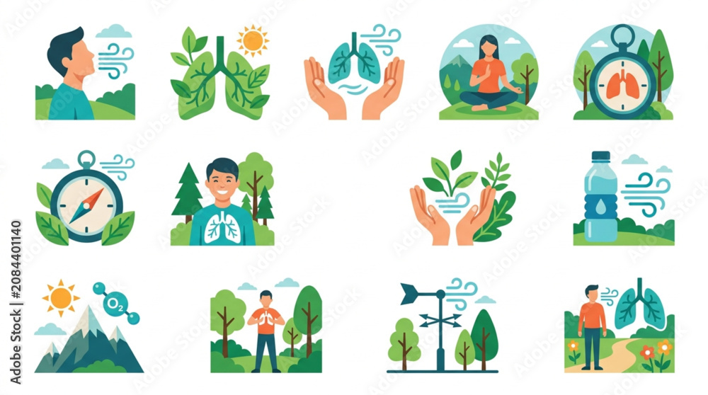 Fototapeta premium Set of illustrations representing healthy lungs and breathing exercises in nature.