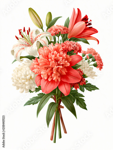 Vintage botanical illustration of pink peony and white lily bouquet