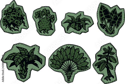 Vector illustration sticker green tropical plants light green background patch