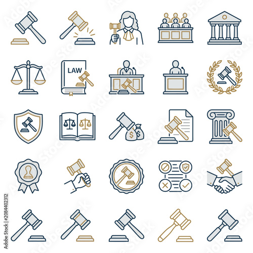 Collection of law and justice icons on a white background