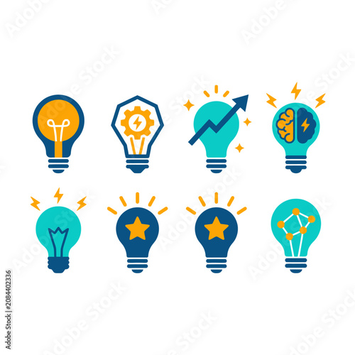 Set of creative light bulb icons representing ideas and innovation
