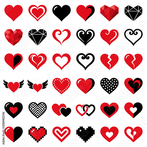 Collection of red and black heart icons on a white background