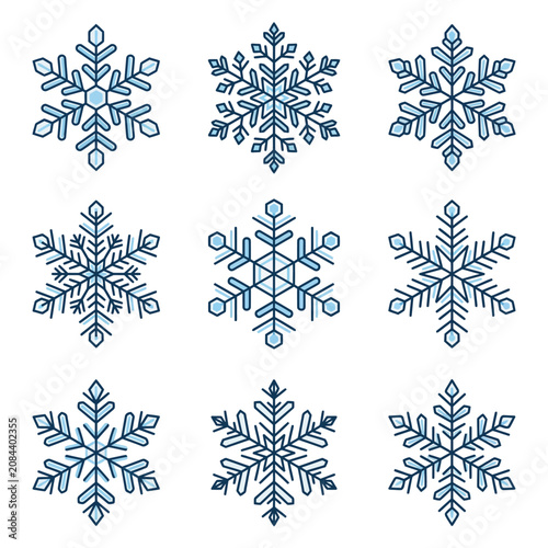 A collection of nine pixel art snowflakes on a white background