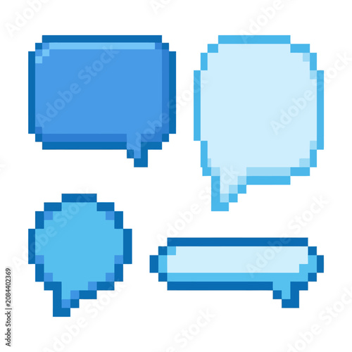 Pixel art speech bubbles in blue colors on a white background