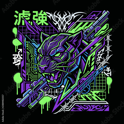 Aggressive cybernetic panther head with futuristic weapons and abstract design