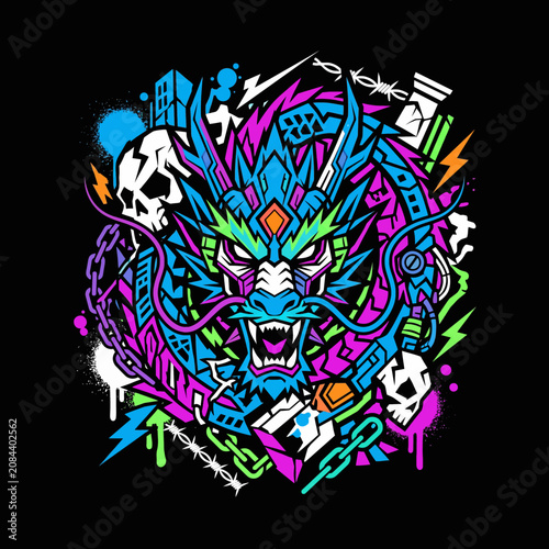 Vibrant neon dragon head illustration with urban graffiti elements