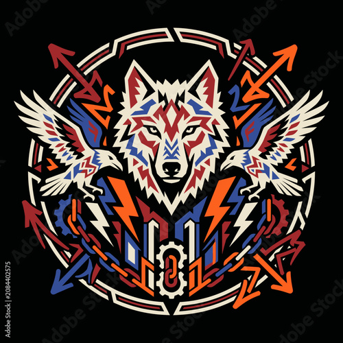 Stylized wolf and eagles in a vibrant geometric design