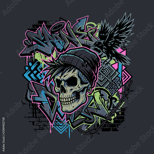 Stylized skull with beanie, crow and vibrant graffiti background
