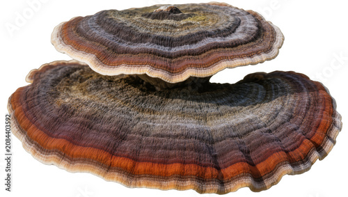 Foto Isolated natural two stacked bracket fungi with vibrant colorful concentric grow