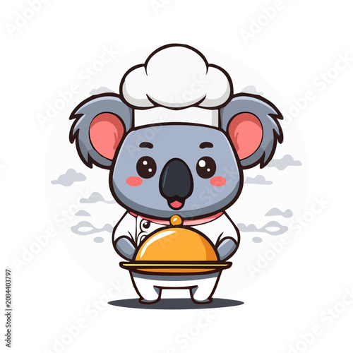 Cute cartoon koala chef holding food dome