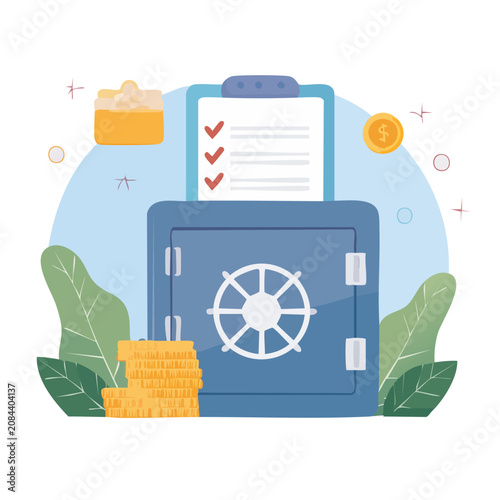 Flat illustration of safe with coins and checklist