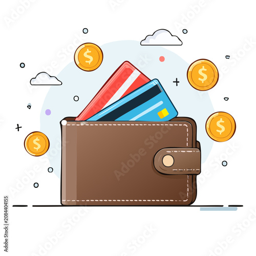 Flat vector illustration of wallet with cards and coins