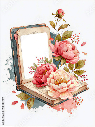Vintage open book decorated with pink peony flowers and botanical elements