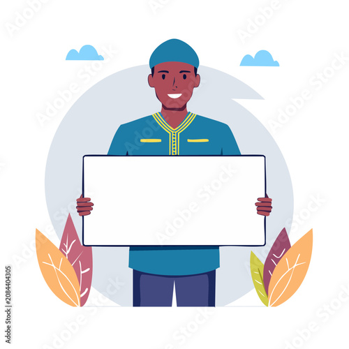 Smiling man holding blank sign flat vector illustration