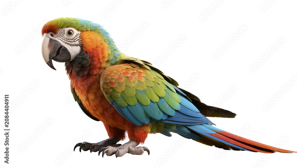 Obraz premium Isolated vibrant tropical parrot with colorful iridescent plumage and detailed textured feathers