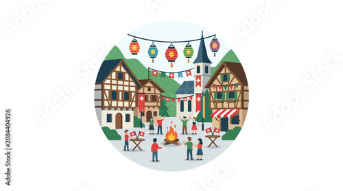 Swiss National Day festival celebration in a picturesque countryside vineyard with people gathering at a traditional village event