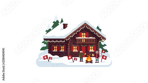 A cozy Swiss chalet scene featuring a house with snow and flags on a winter day