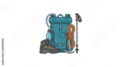Hikers prepare for a Swiss outdoor adventure with hiking boots, backpack, and alpine gear.
