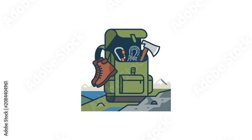 Swiss outdoor lifestyle scene featuring hiking boots and backpack