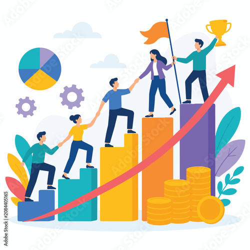 Teamwork Business Growth Achievement and Success Strategy Flat Vector Illustration