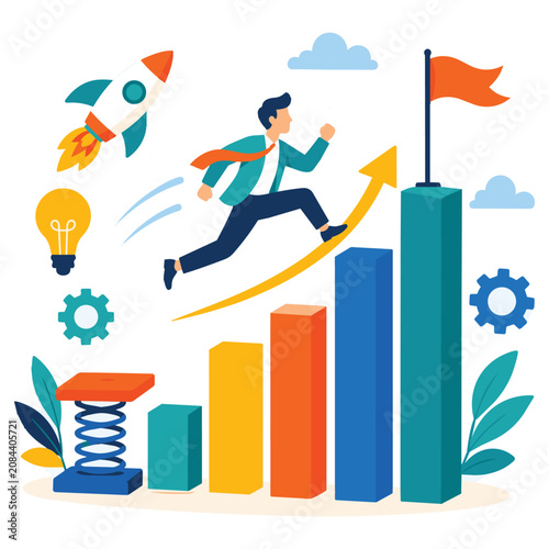 Startup Rocket Launch Business Growth and Success Flat Vector Illustration