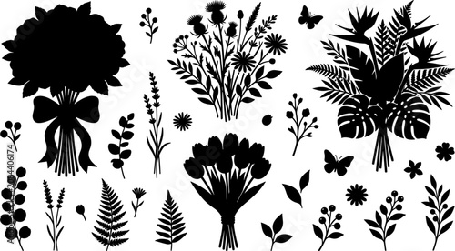 Obraz na plátně Flower Bouquets and Tropical Leaves Black Silhouette Set Featuring Tulip Bundles