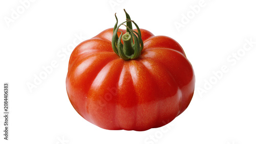 Konstfotografi Isolated perfect fresh juicy red beefsteak tomato with green calyx and stem