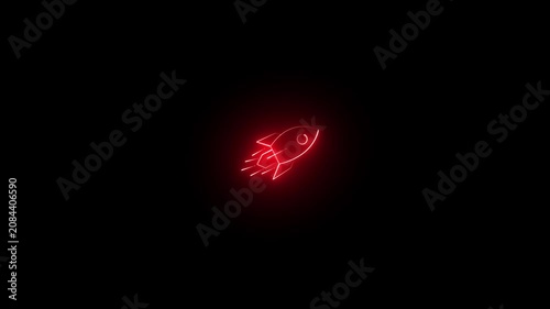 Rocket icon glowing in a bright red neon style floats centered against a pitch black background to symbolize rapid innovation, technological progress, modern spacecraft design, and future space.