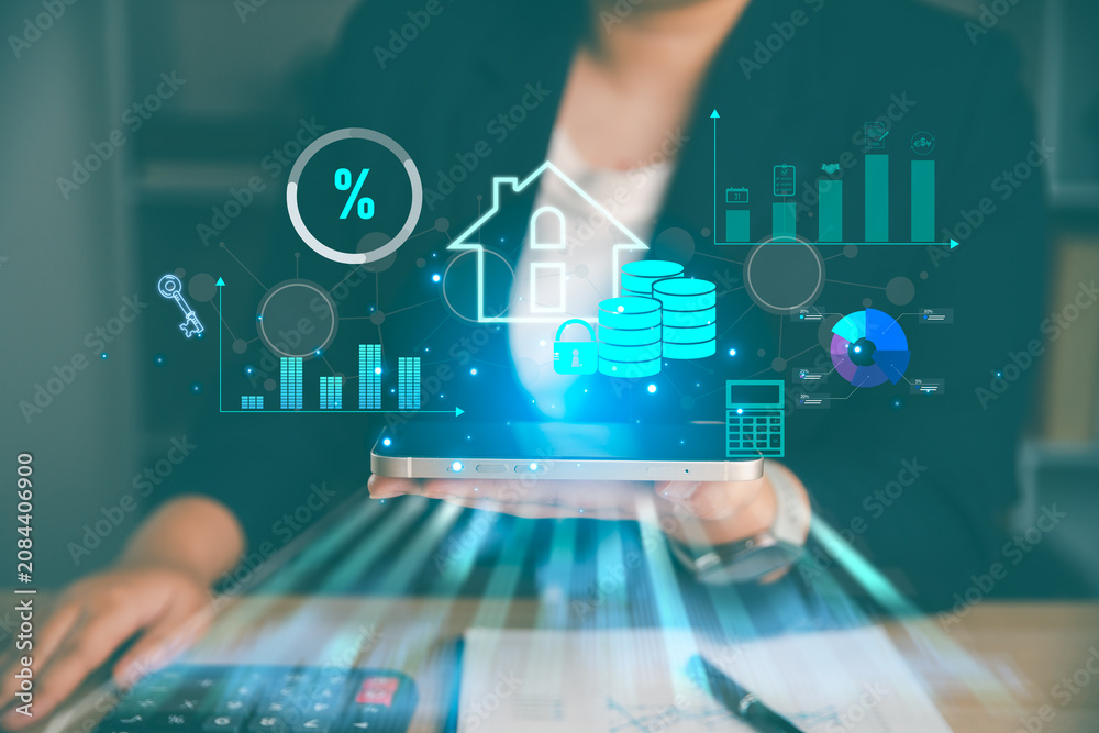 Obraz premium Business holding tablet with real estate finance hologram, house, coins, percent, charts and calculator, showing mortgage analytics, property investment, home loan planning and housing market growth.