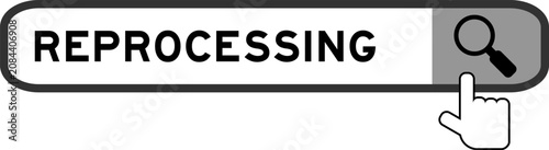 фотографія Search banner in word reprocessing with hand over magnifier icon on white backgr