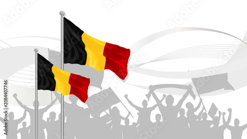 Belgian flag with cheering crowd silhouettes on white background