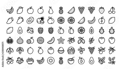 Φωτογραφία Fruits Linear Icon Set with Banana Branch Lemon Apple and Still Life Outline Sym
