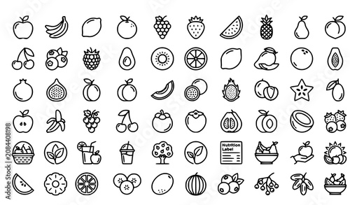 Fotografija Fruit Outline Icons Pack with Banana Lemon Apple and Fresh Produce Symbols