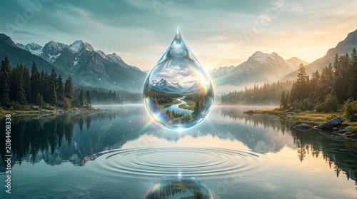 Water Droplet Reflecting Mountain Landscape Over Rippling Lake reflection